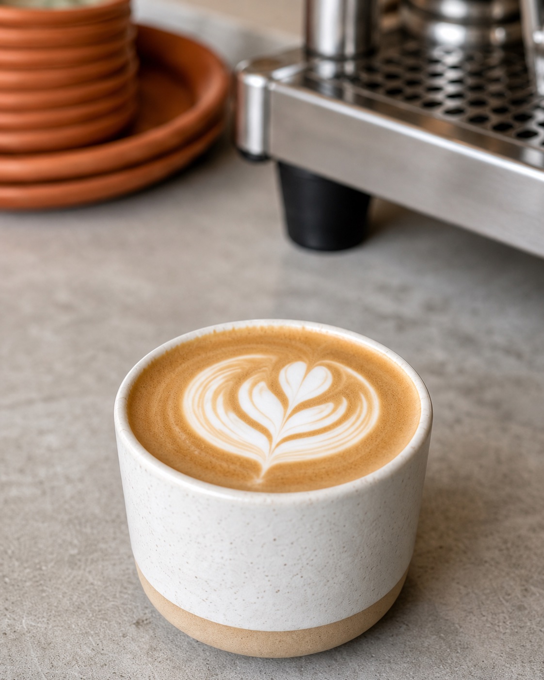 Flat white with fern latte art beside an espresso machine