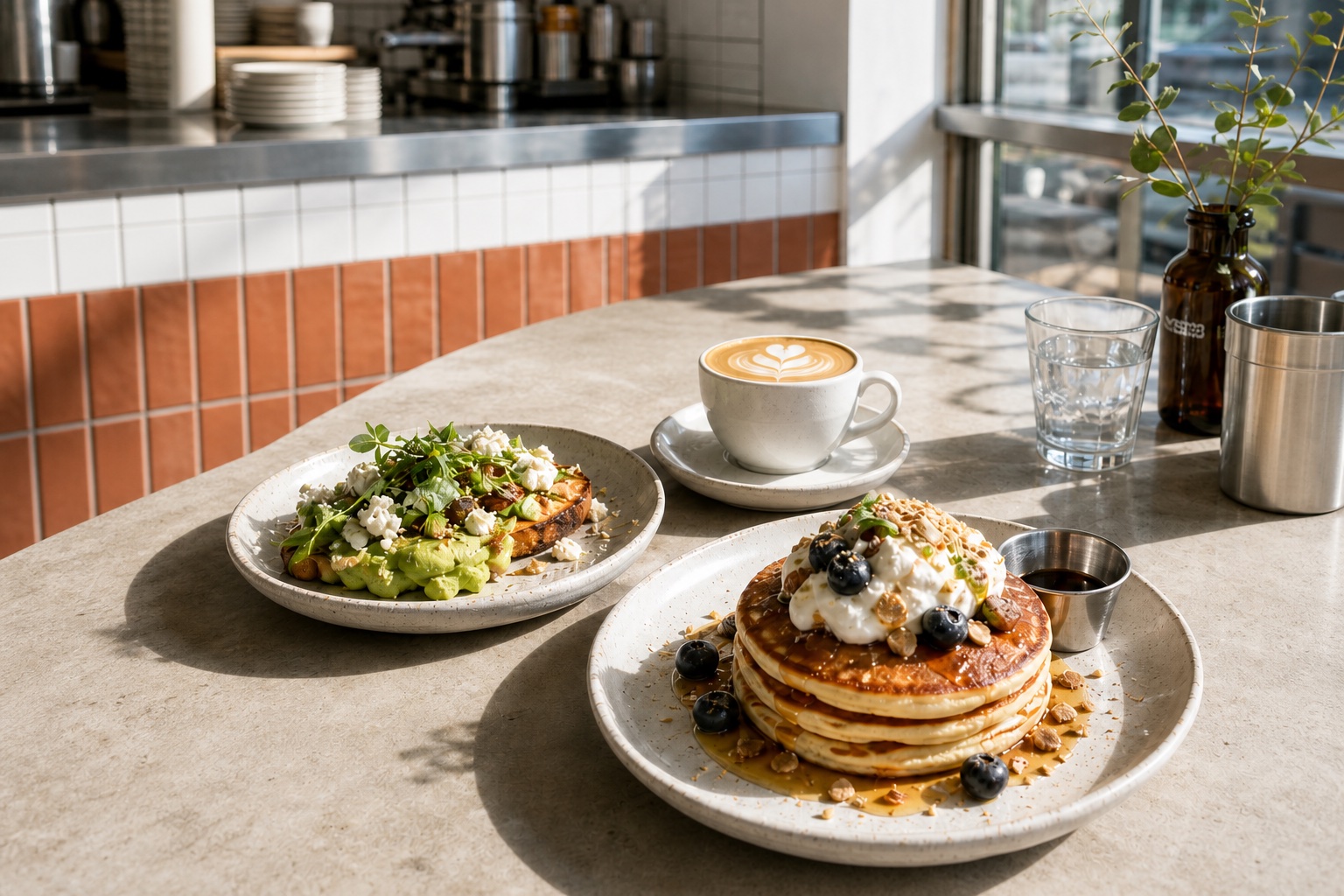 Pancakes, avocado toast and a flat white on a sunlit cafe table