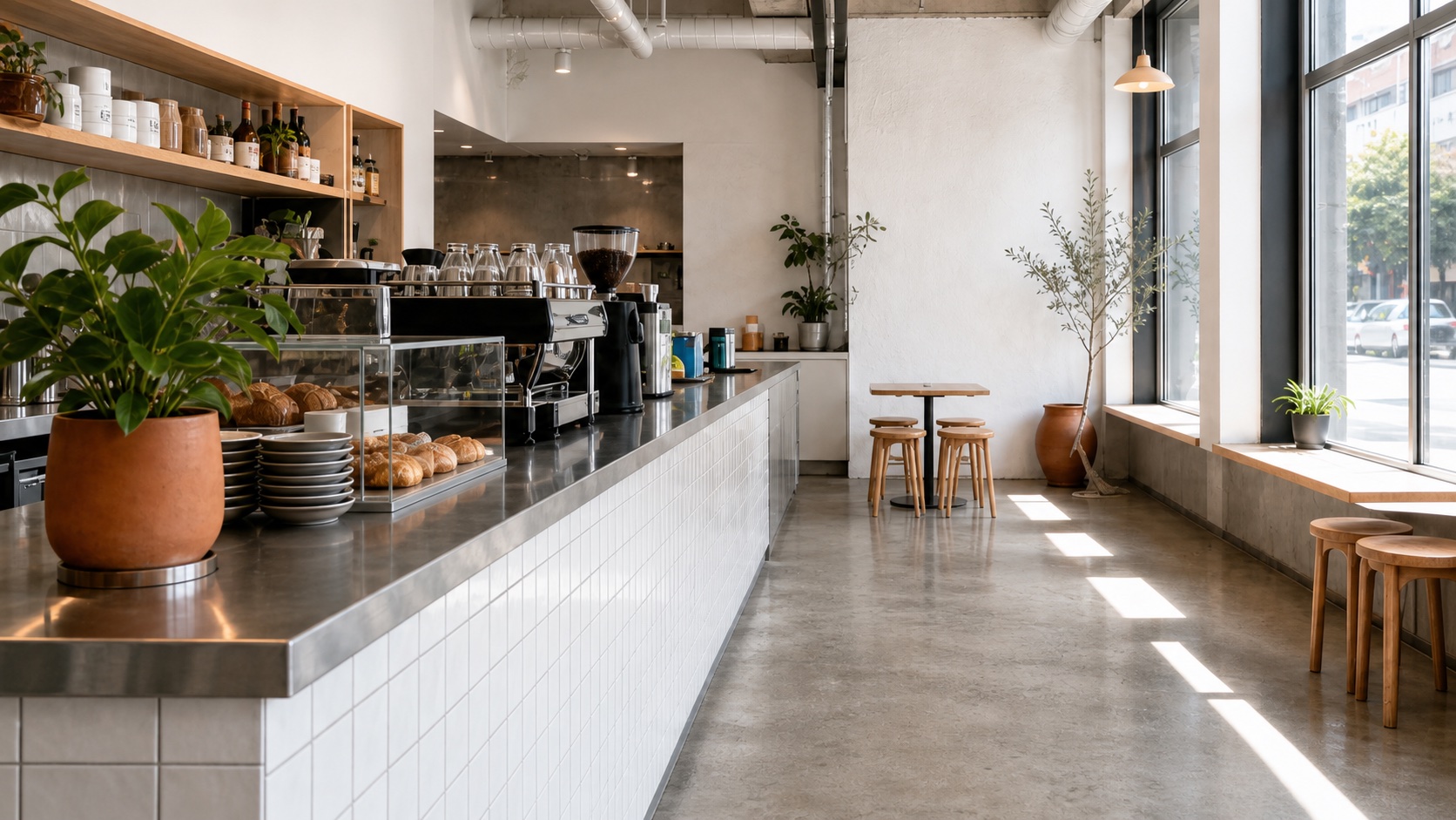 Bright cafe interior with white tile, stainless steel and large street windows
