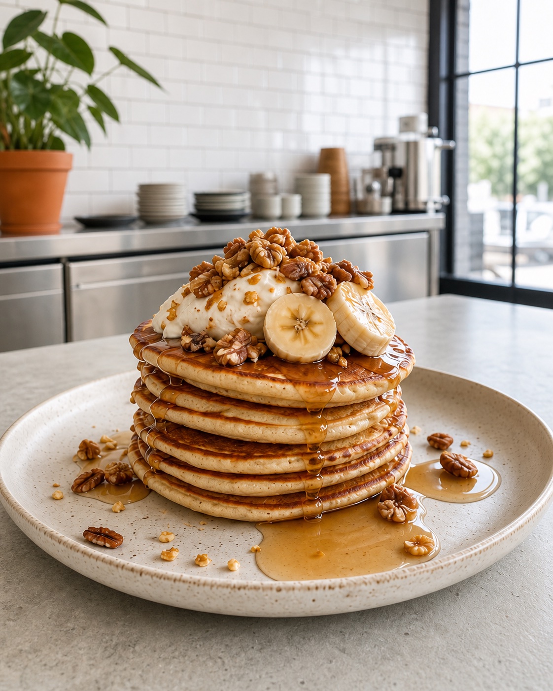 Stack of pancakes with banana, walnuts and maple syrup